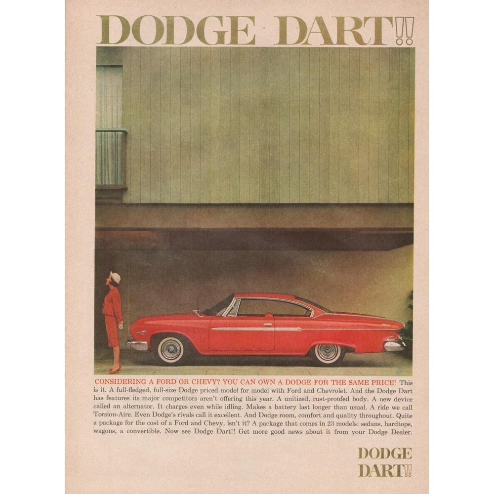 1961 Dodge Dart Vintage Print Ad Mid Century American Car Automotive Art
